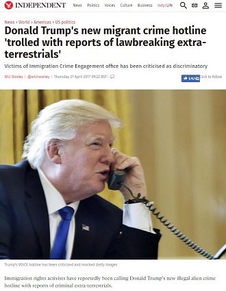 米「移民犯罪ホットライン」が、エイリアン目撃情報の集中砲火で回線パンク！ トランプ陣営はブチギレ、大騒動にの画像2