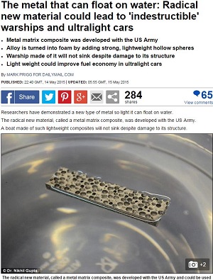 水に浮かぶ「超軽量で強力な金属」が開発される！ 絶対に沈没しない船も実現か？＝米の画像1
