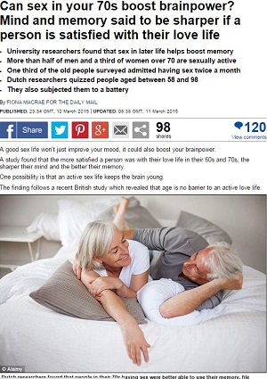日常的にセックスしている高齢者は頭脳明晰？ 58歳～98歳の男女約1,700人を調査＝オランダの画像1