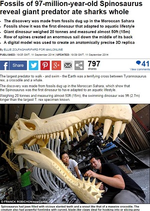 「地球史上最も危険」白亜紀の巨大肉食恐竜、スピノサウルスは水陸両生の最強怪獣だった？の画像1